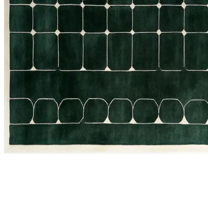 Top view of the Mosiac Haven Hand Tufted Wool Rug, featuring a contemporary geometric design with deep green and white colors, perfect for enhancing living room decor. This 8x10 area rug adds a stylish touch to any modern space, making it an ideal choice for those seeking high-quality wool rugs.