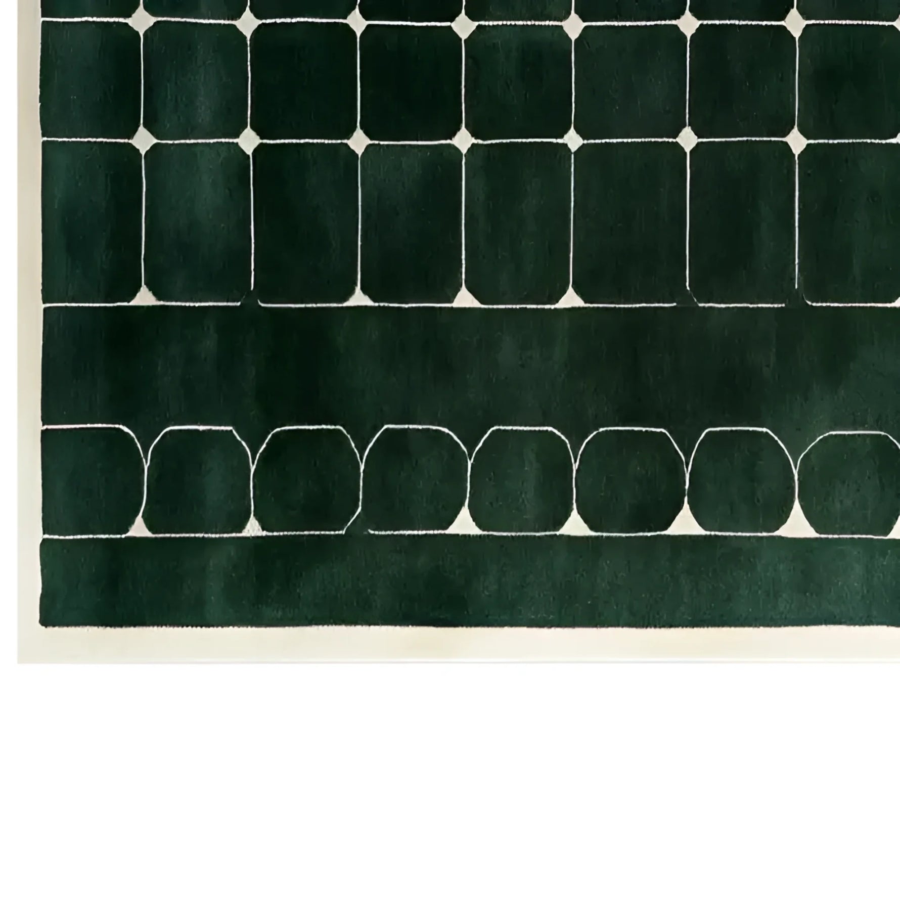 Top view of the Mosiac Haven Hand Tufted Wool Rug, featuring a contemporary geometric design with deep green and white colors, perfect for enhancing living room decor. This 8x10 area rug adds a stylish touch to any modern space, making it an ideal choice for those seeking high-quality wool rugs.