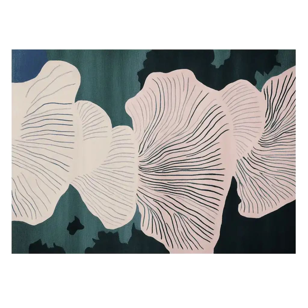 A contemporary area rug featuring abstract blush pink and cream organic shapes with deep green and black background. This hand-tufted wool rug is perfect for adding a modern touch to living rooms. Ideal for 8x10 spaces, this area rug combines style and comfort, making it a standout piece among area rugs for living rooms.