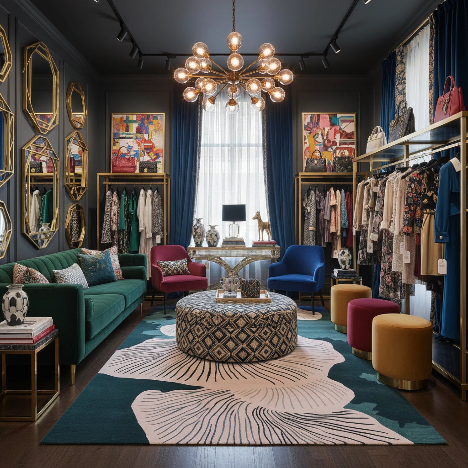 Luxury clothing store interior with colorful furniture, a contemporary wool rug, and decor