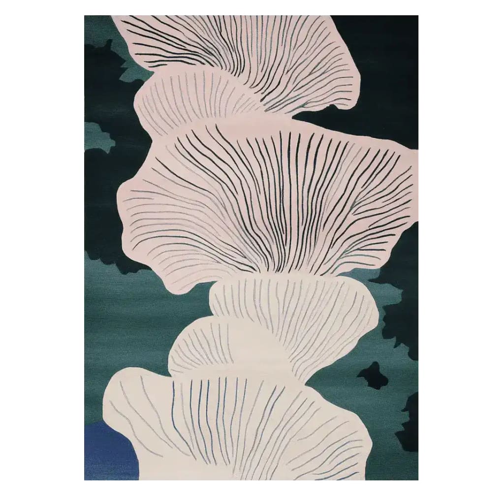 This is a top-view image of the Moss Blush Layers Hand Tufted Area Rug, showcasing its contemporary design. The rug features abstract patterns resembling mushroom caps in soft blush tones against a dark background, making it a perfect wool rug for modern living rooms. Ideal as an 8x10 living room rug, this area rug combines style and comfort, enhancing any space.