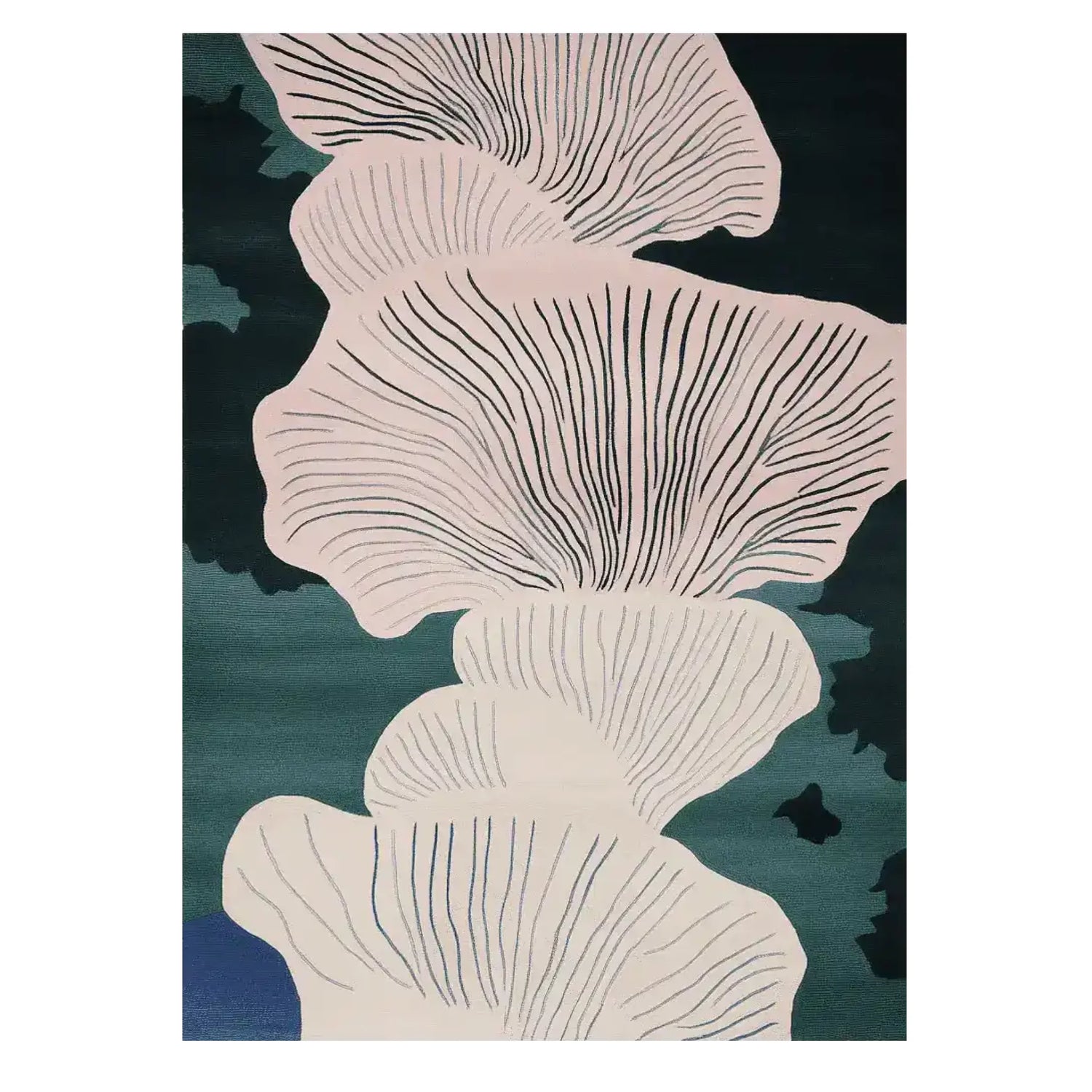 This is a top-view image of the Moss Blush Layers Hand Tufted Area Rug, showcasing its contemporary design. The rug features abstract patterns resembling mushroom caps in soft blush tones against a dark background, making it a perfect wool rug for modern living rooms. Ideal as an 8x10 living room rug, this area rug combines style and comfort, enhancing any space.