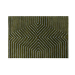 Top view of a Moss Green Geometric Hand Tufted Wool Rug, perfect for adding a contemporary touch to a dining room. This large area rug features intricate geometric patterns, making it an ideal choice for both formal dining room settings and living rooms. Crafted from high-quality wool, this elegant area rug enhances any space with its stylish design.