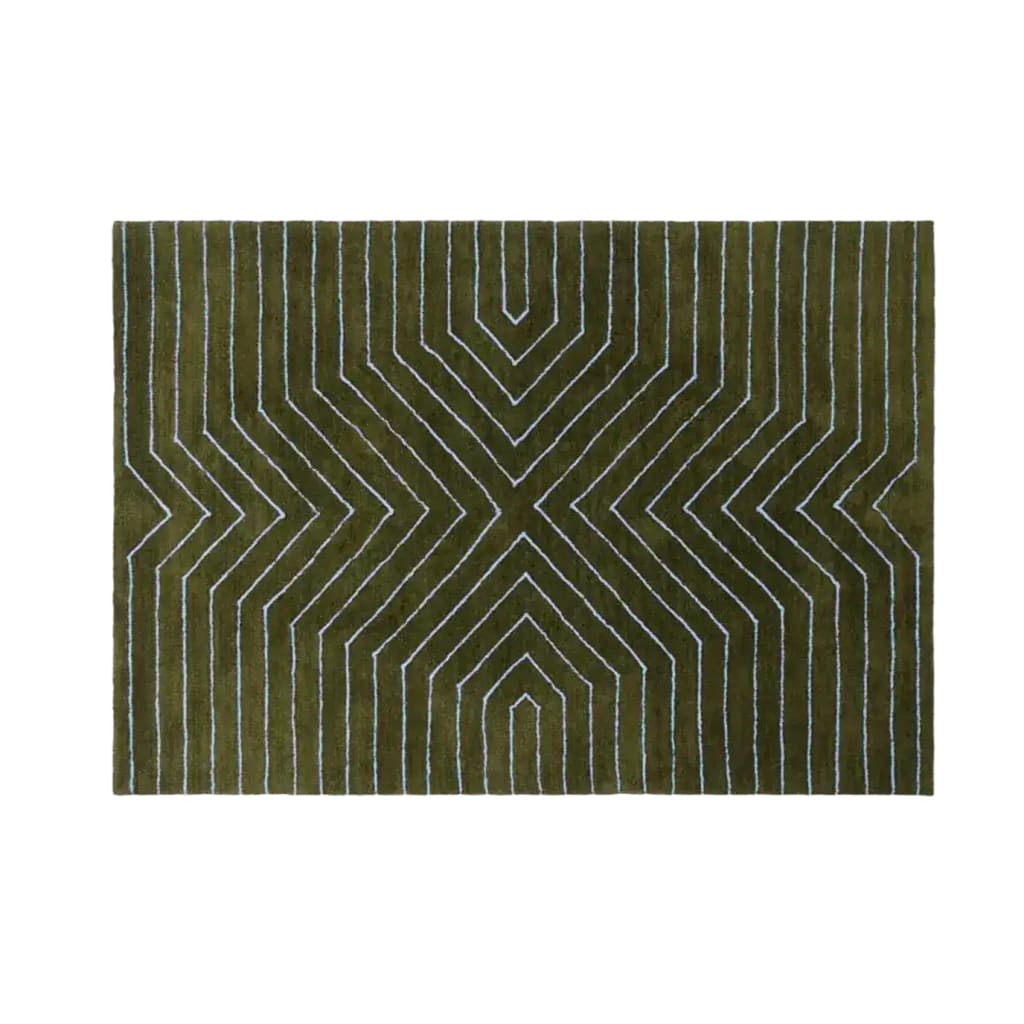 Top view of a Moss Green Geometric Hand Tufted Wool Rug, perfect for adding a contemporary touch to a dining room. This large area rug features intricate geometric patterns, making it an ideal choice for both formal dining room settings and living rooms. Crafted from high-quality wool, this elegant area rug enhances any space with its stylish design.