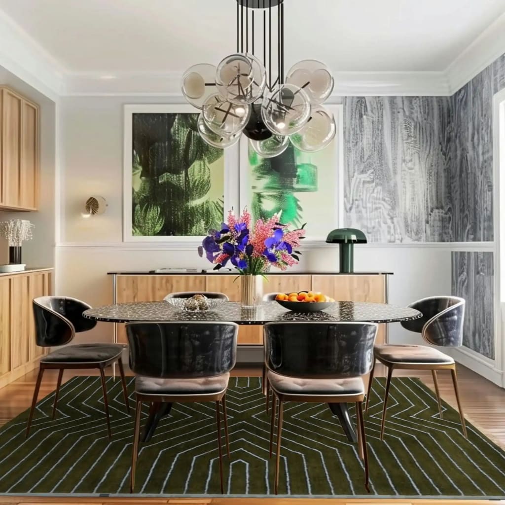 A contemporary dining room featuring a Moss Green Geometric Hand Tufted Wool Rug. The large area rug perfectly complements the modern decor, with its intricate geometric patterns adding a touch of elegance to the formal dining room setting. The wool rug is positioned under a stylish dining table and chairs, creating a cozy and inviting atmosphere, ideal for both dining rooms and living rooms.
