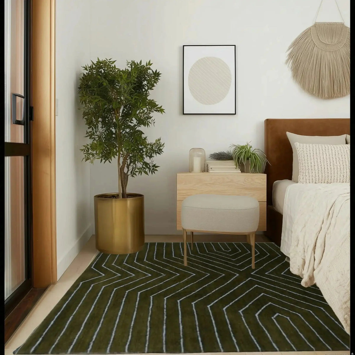 The Moss Green Geometric Hand Tufted Wool Rug is showcased in a modern bedroom setting. This contemporary rug, ideal for a dining room or living room, features a striking geometric pattern that adds a touch of elegance. Its deep moss green tones complement the neutral decor, while the wool material ensures comfort and durability, making it perfect for formal dining room settings and large living areas.
