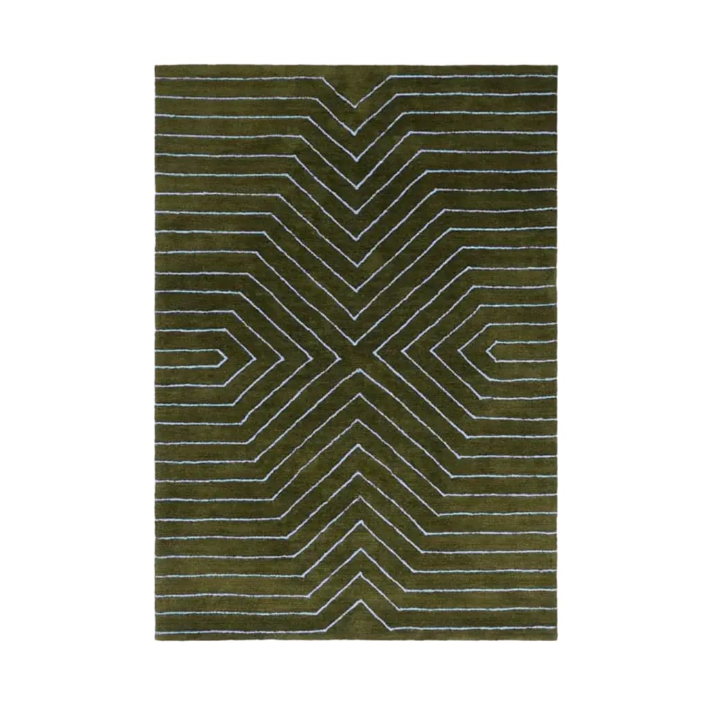Top view of a Moss Green Geometric Hand Tufted Wool Rug, showcasing a striking geometric pattern. This large area rug is perfect for adding a contemporary touch to a dining room or living room, ideal for those seeking formal dining room rugs or large area rugs for living room settings.