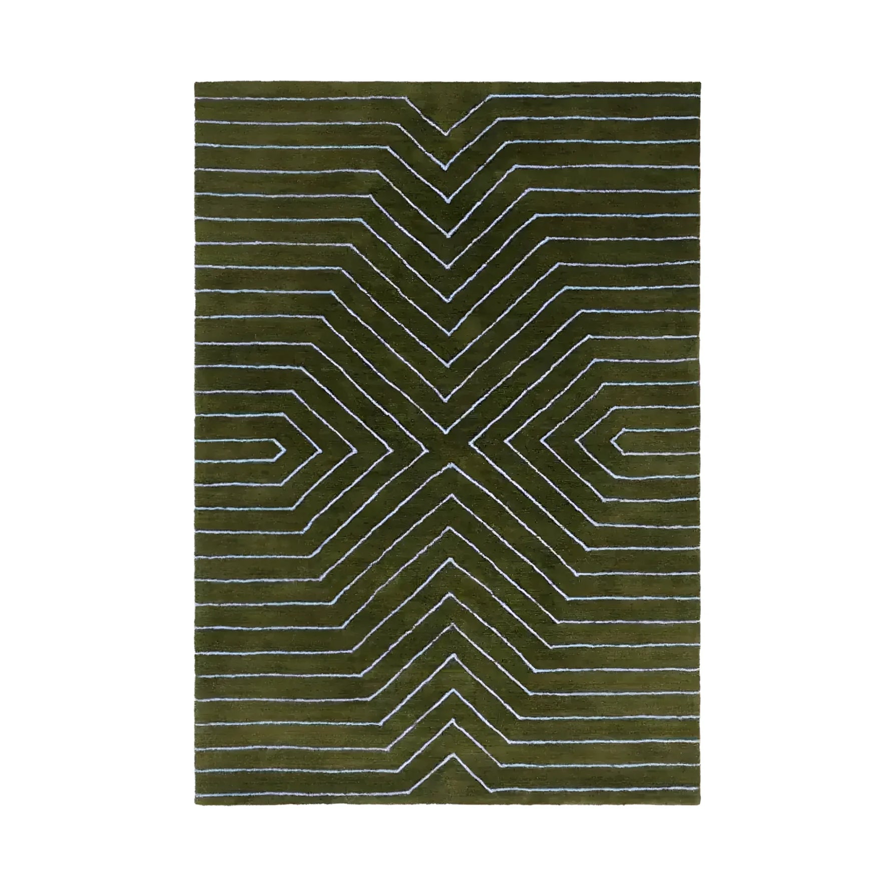 Top view of a Moss Green Geometric Hand Tufted Wool Rug, showcasing a striking geometric pattern. This large area rug is perfect for adding a contemporary touch to a dining room or living room, ideal for those seeking formal dining room rugs or large area rugs for living room settings.