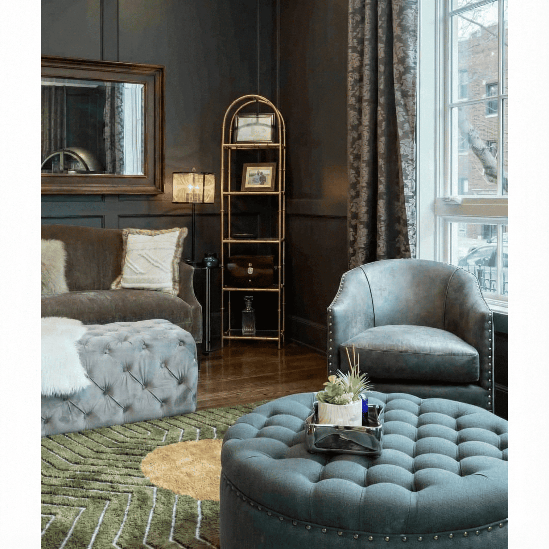 moss green gold circle geometric hand tufted wool rug