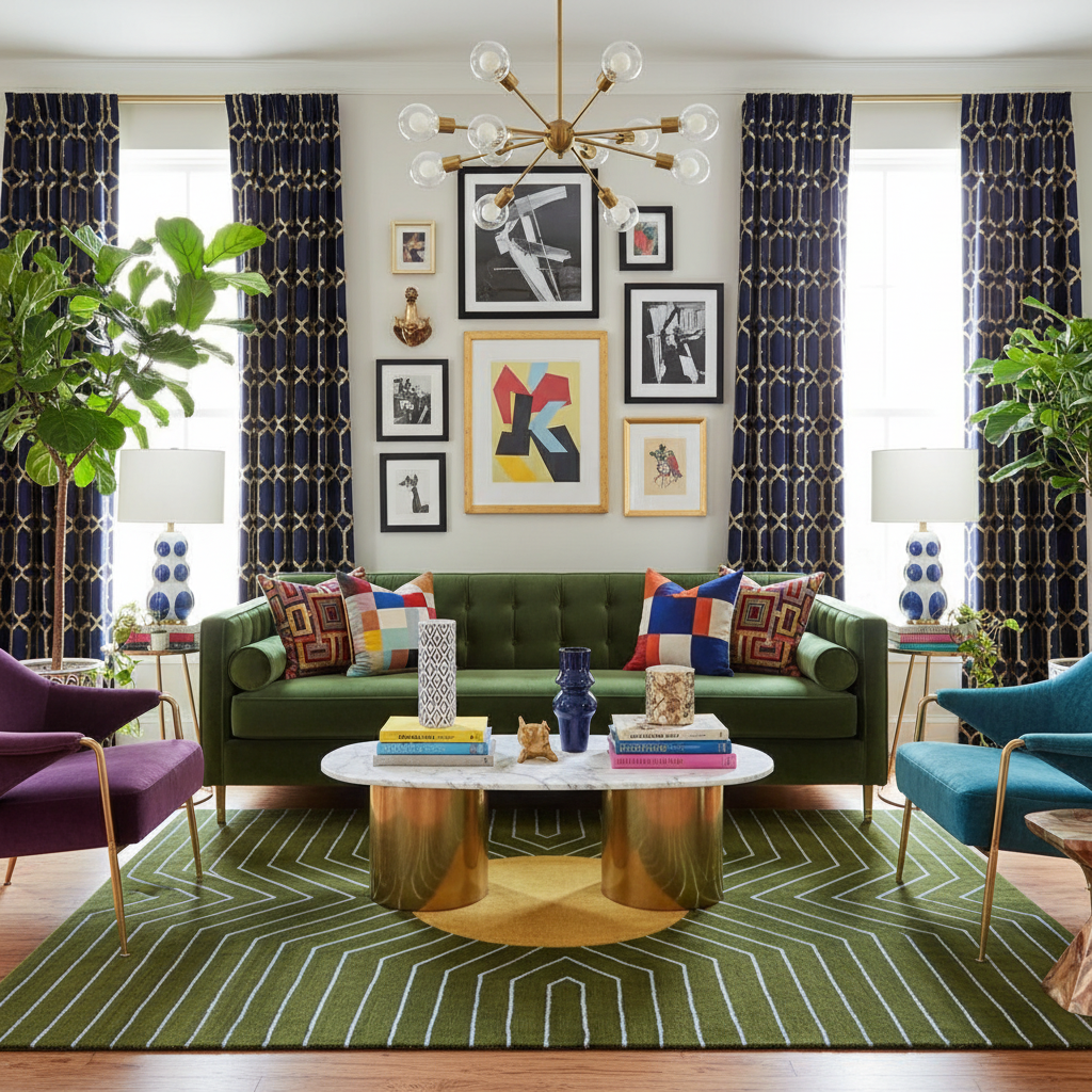 Moss Green Gold Circle Geometric Hand Tufted Wool Rug