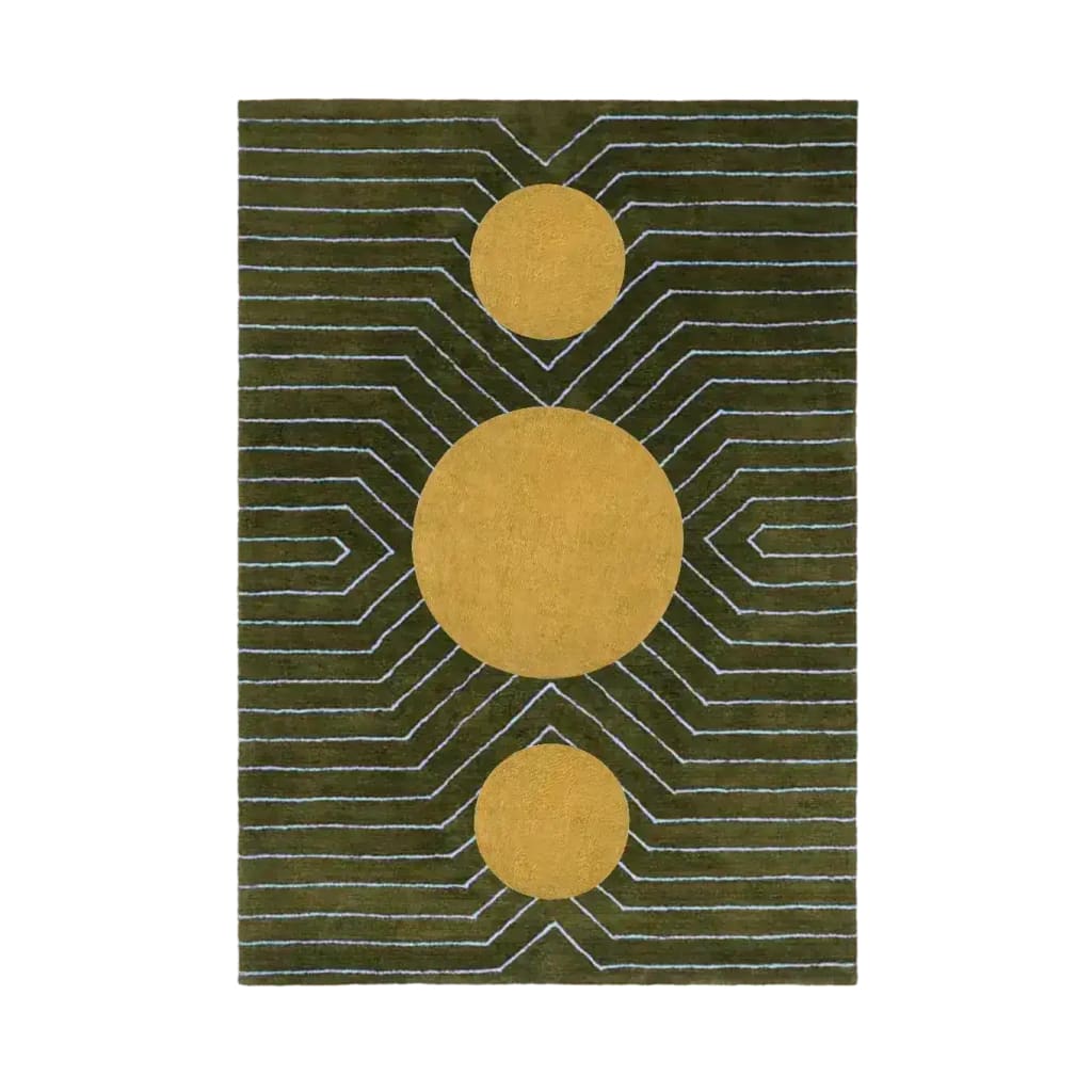 A striking Green Golden Geometric Hand Tufted Wool Rug, measuring 5 x 7 ft, perfect for living room and dining room spaces. Featuring bold, contemporary geometric patterns with large golden circles and intricate lines on a rich green background, this area rug adds a modern touch to any dining room or living room setting.