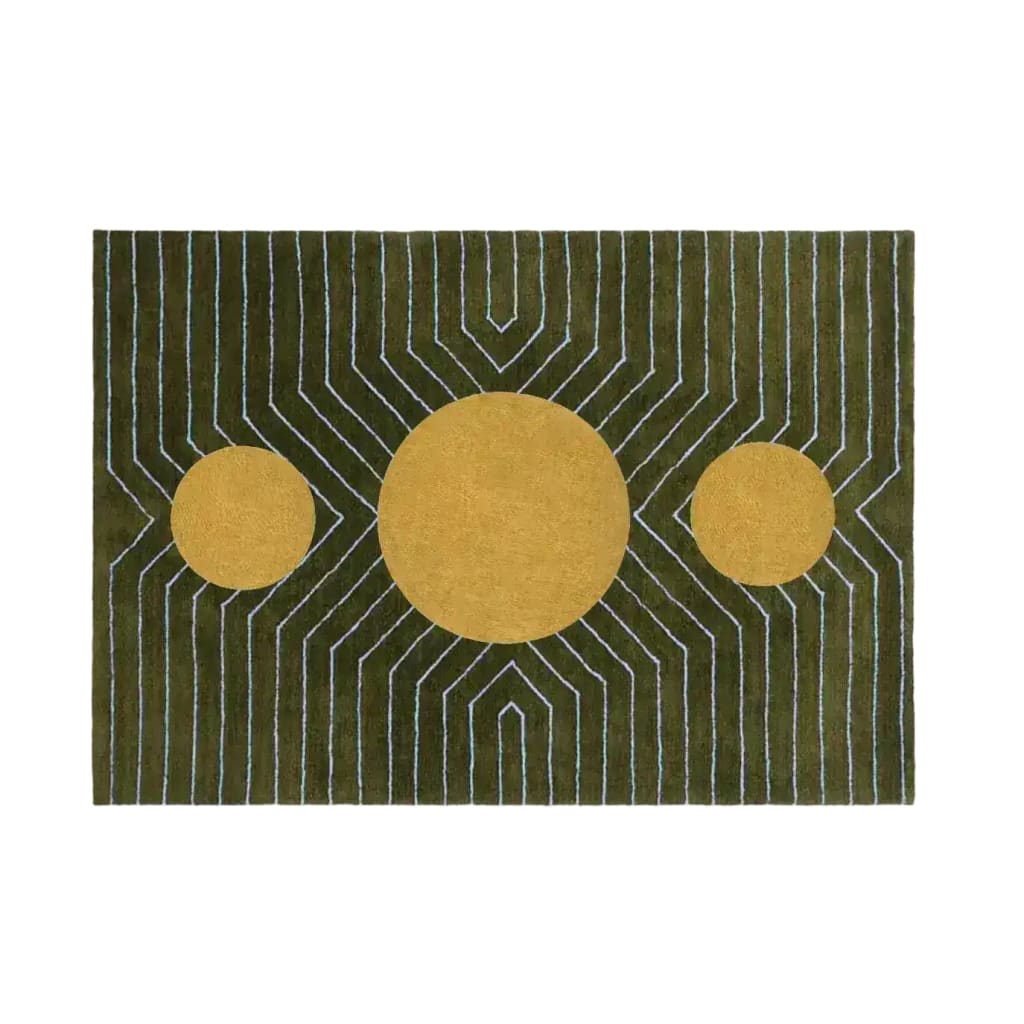 Top view of a Green Golden Geometric Hand Tufted Wool Rug, measuring 5 x 7 ft. This contemporary area rug features a striking design with bold geometric patterns and is perfect for enhancing living room and dining room spaces. Ideal as a dining table rug, this wool rug adds a modern touch to any setting.