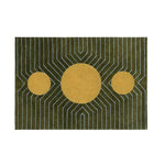 Top view of a Green Golden Geometric Hand Tufted Wool Rug, measuring 5 x 7 ft. This contemporary area rug features a striking design with bold geometric patterns and is perfect for enhancing living room and dining room spaces. Ideal as a dining table rug, this wool rug adds a modern touch to any setting.