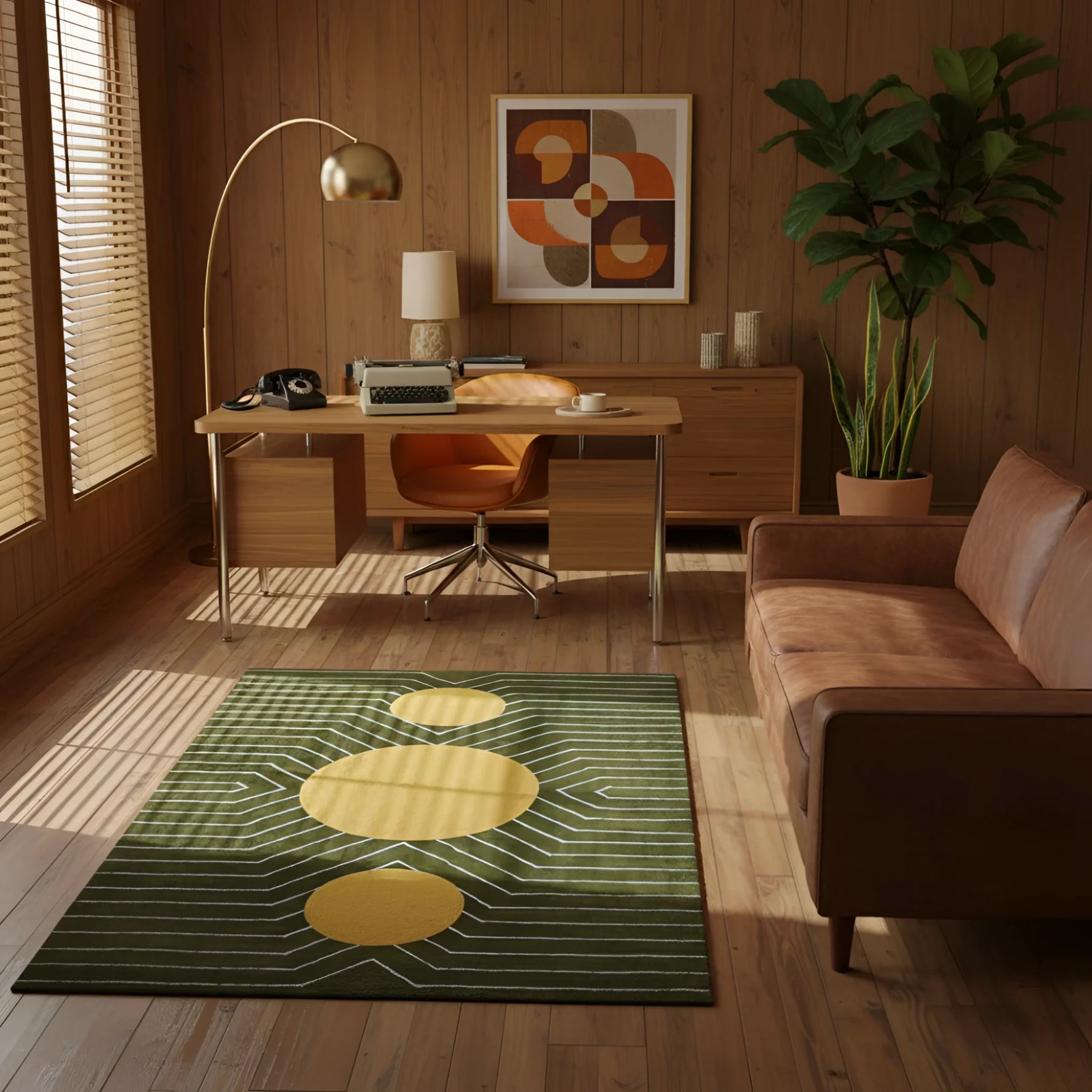 Modern home office with a desk, chair, lamp, and decorative green geometric rug.