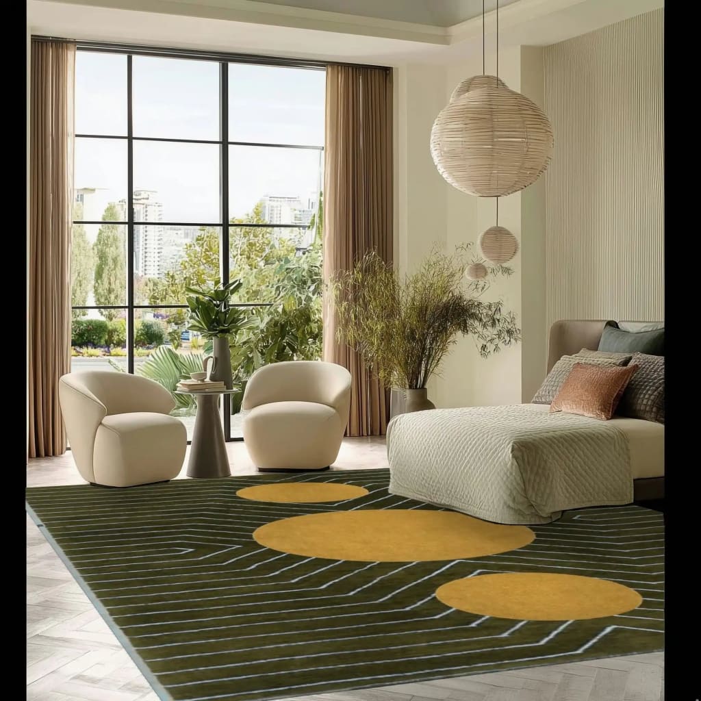 The Moss Green Golden Geometric Hand Tufted Wool Rug is a stunning addition to any living room, showcasing a contemporary design with bold geometric patterns. This large area rug, measuring 8x10, seamlessly complements the modern decor of the room. The rug's vibrant hues and wool texture provide a cozy and stylish touch, perfect for enhancing the aesthetic of living room spaces.