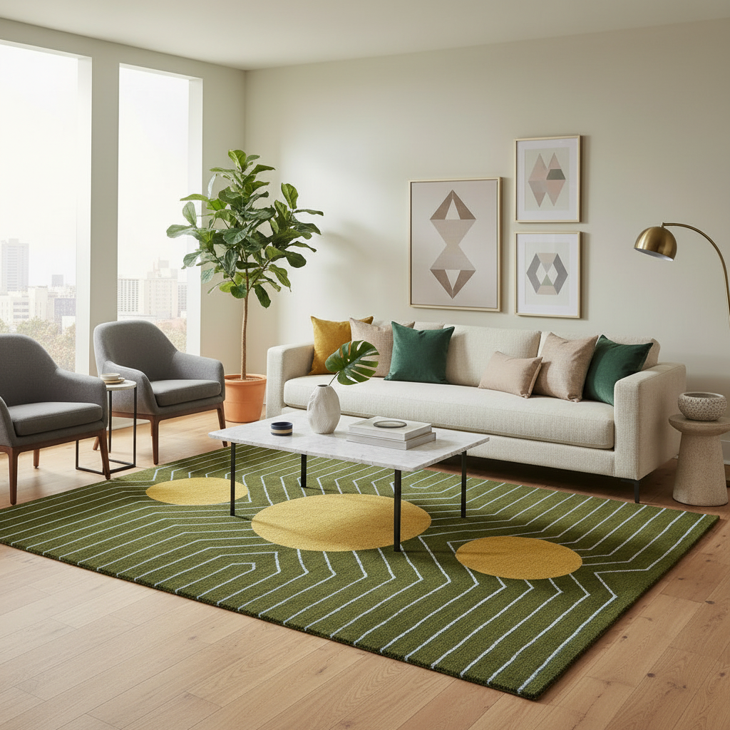 Moss Green Golden Geometric Hand Tufted Wool Rug