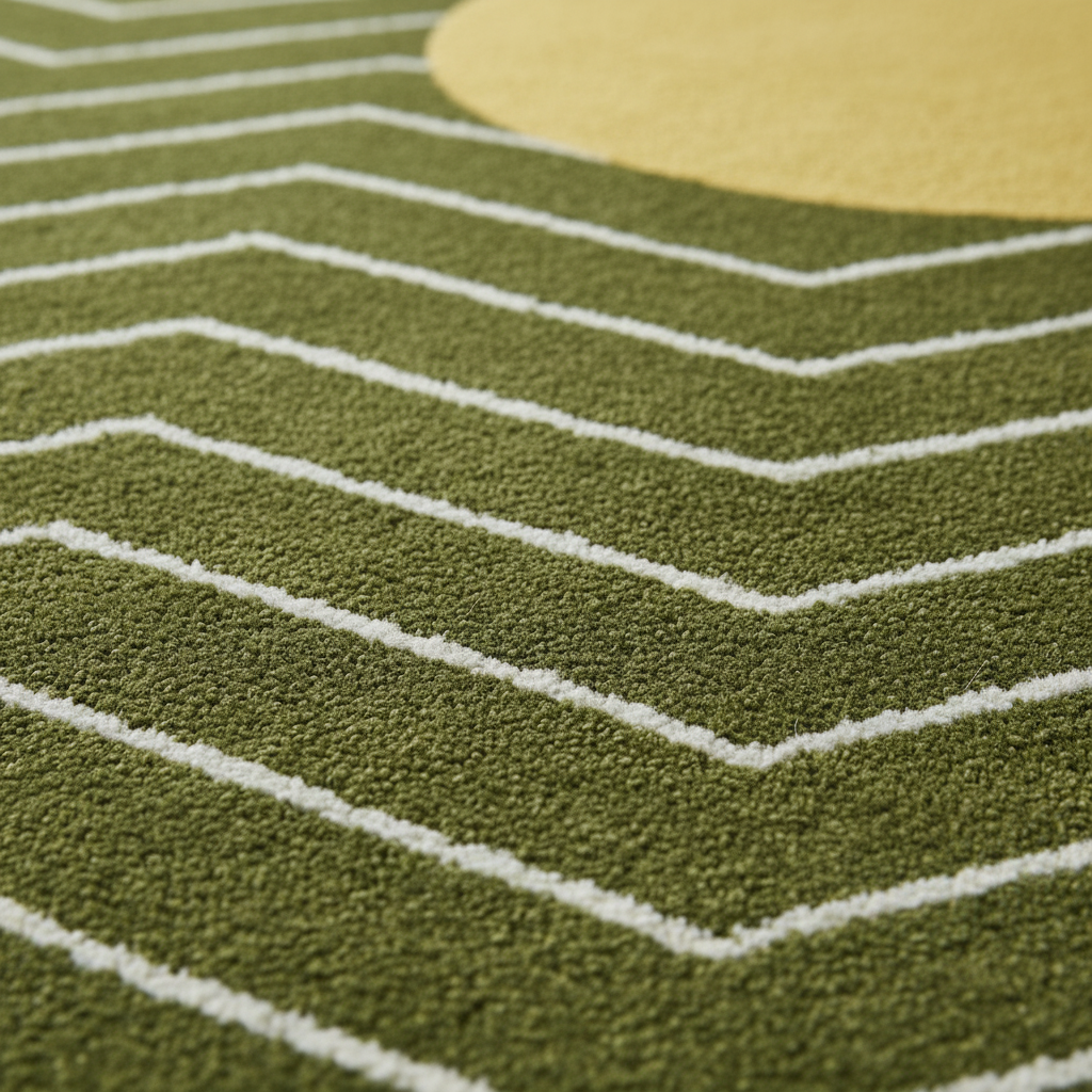 Close-up of a green rug with white stripes and a yellow object partially visible.