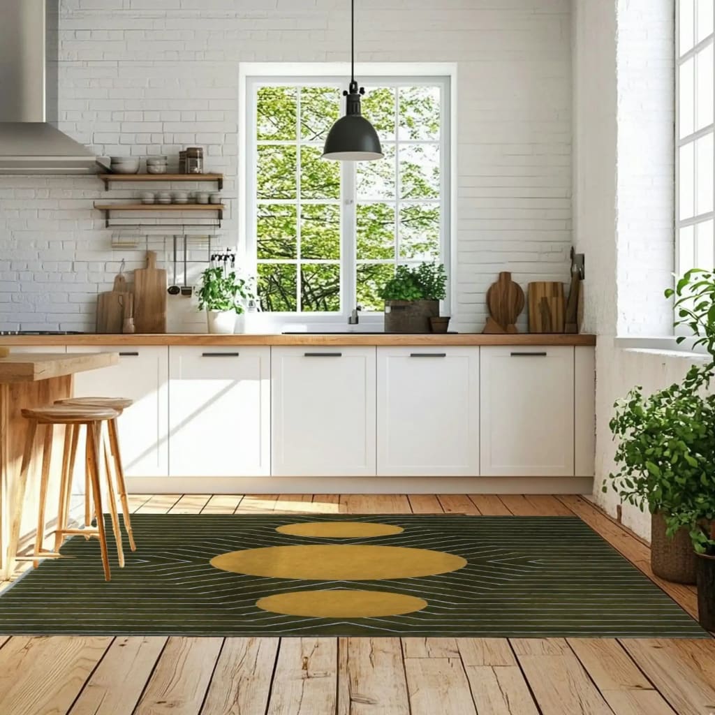 A stylish moss green golden geometric hand tufted wool rug placed in a modern kitchen with natural light streaming through large windows. This contemporary rug enhances the wooden floor, providing a warm and inviting feel. Perfect for those seeking large area rugs for the living room or living room rugs 8x10, this wool rug offers a chic and comfortable touch to any space.