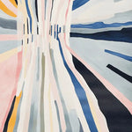 Contemporary wool area rug featuring an abstract design with dynamic stripes in shades of blue, pink, and gray, perfect for adding a modern touch to living room spaces. Ideal as a living room area rug in an 8x10 size.