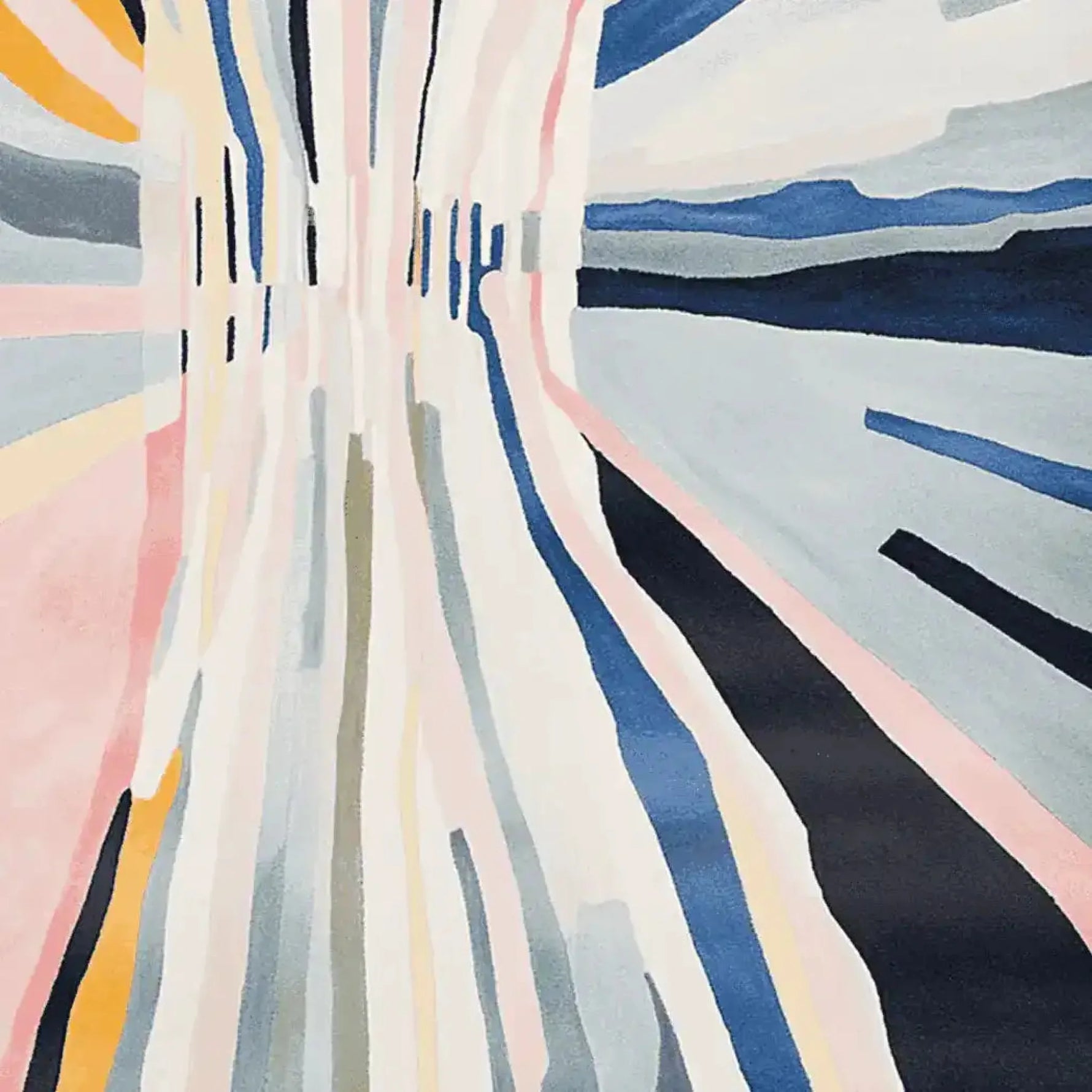 Contemporary wool area rug featuring an abstract design with dynamic stripes in shades of blue, pink, and gray, perfect for adding a modern touch to living room spaces. Ideal as a living room area rug in an 8x10 size.