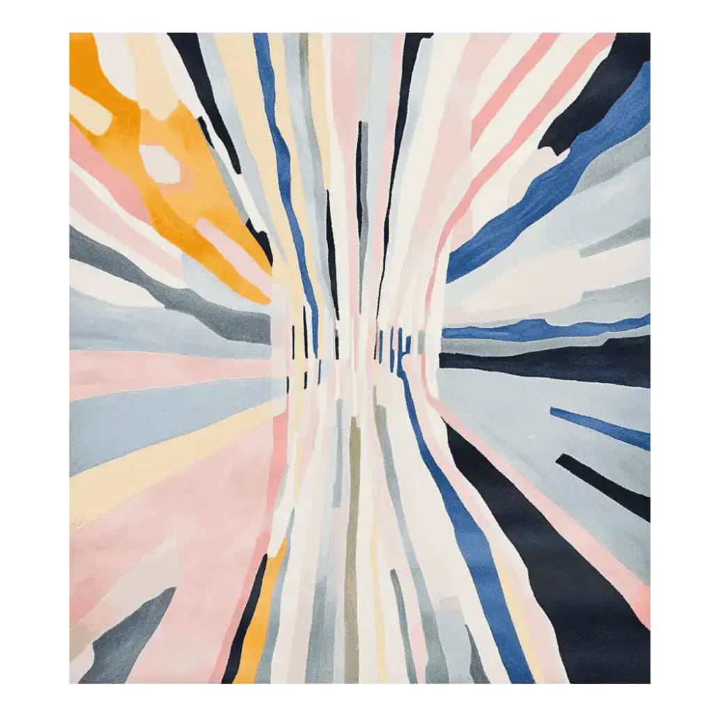 A stunning area rug featuring an abstract design with vibrant colors like blue, pink, and yellow, suitable for contemporary living rooms. This hand-tufted wool rug measures 8x10 and adds a modern flair to any space.