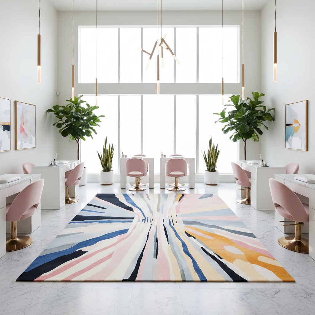 Modern interior with a colorful abstract rug, pink chairs, and large windows.