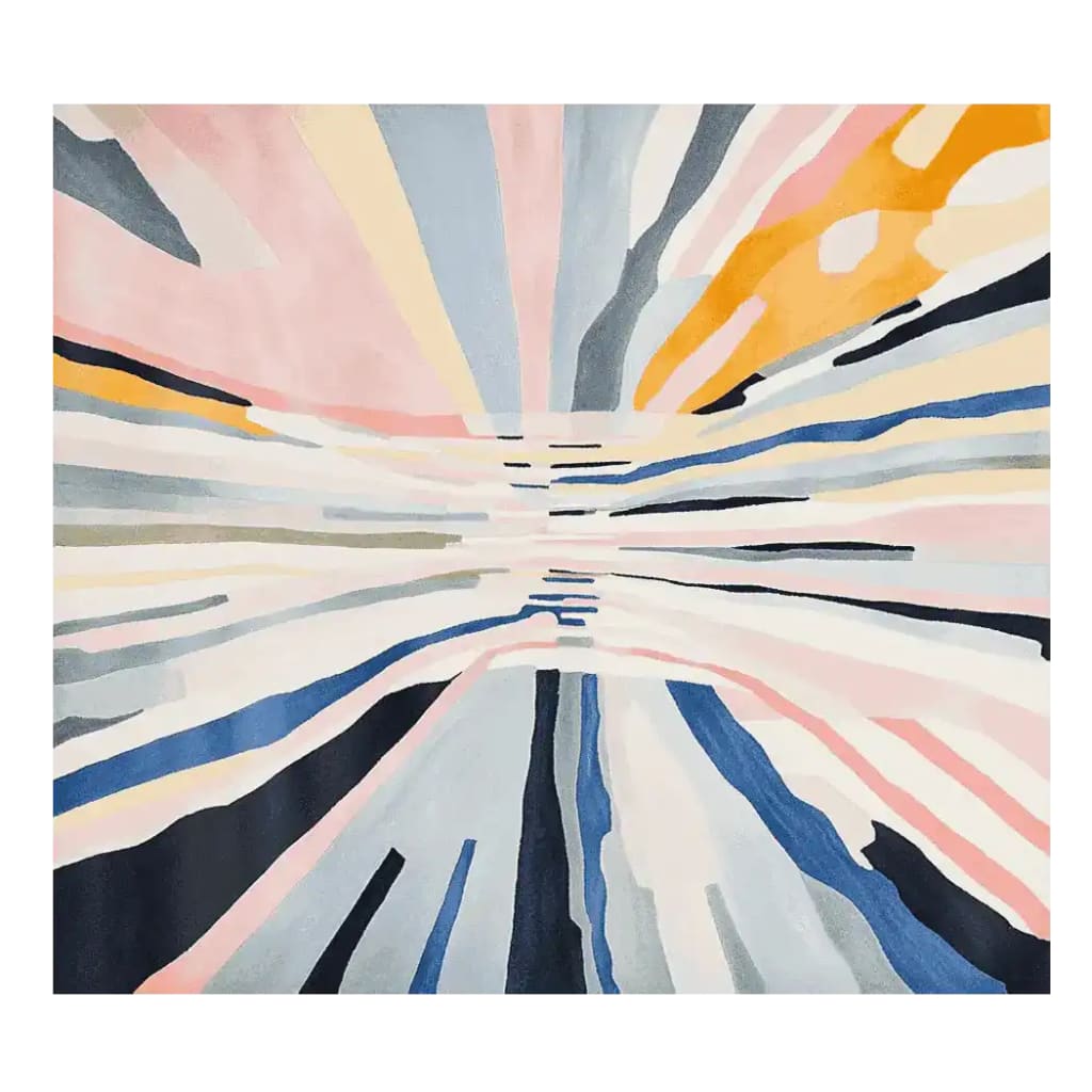 A vibrant and contemporary area rug featuring an abstract design with dynamic splashes of pink, blue, yellow, and white. This wool rug, perfect for living room spaces, measures 8x10 and adds a modern touch to any decor.
