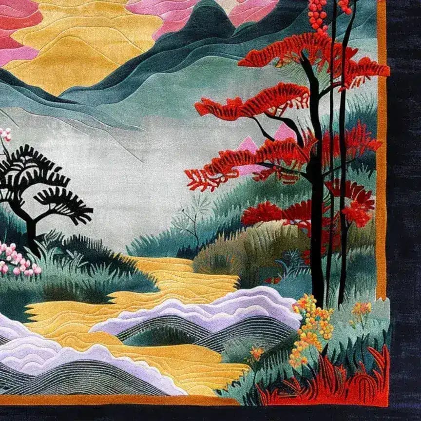 A vibrant square area rug depicting a scenic mountain landscape with colorful floral elements, ideal for a formal dining room. This hand-tufted wool rug, with its intricate details and rich colors, enhances any dining room setting, making it perfect for those seeking unique dining room area rugs.