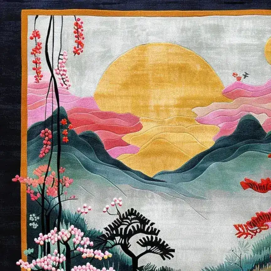 This exquisite Mountain Majesty Hand Tufted Rug features a stunning landscape design with vibrant pink and green floral patterns, against a backdrop of majestic mountains and a golden sun. Perfect as a square area rug for a dining room, this wool rug adds elegance and warmth to formal dining room settings.