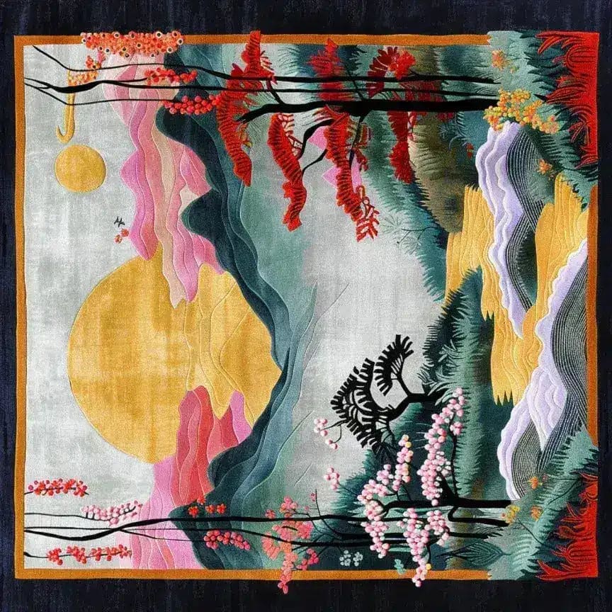 A stunning Mountain Majesty Hand Tufted Rug showcasing an abstract landscape design with vibrant colors. This square area rug features a blend of yellow, pink, and green hues creating a serene mountain scene, perfect for adding a touch of elegance to your dining room. Made from high-quality wool, this floral rug is ideal for formal dining room settings, combining artistry with comfort.