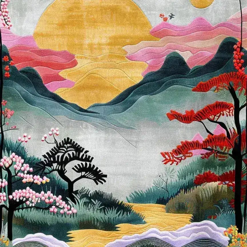 The Mountain Majesty Hand Tufted Rug features a stunning landscape design with vibrant colors. This square area rug showcases a scenic view of mountains, a setting sun, and lush trees in shades of pink, red, and green. Perfect for adding a touch of elegance to your dining room, this floral rug is crafted from high-quality wool, making it an ideal choice for formal dining room settings.