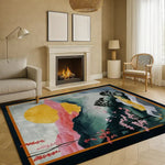 A beautifully designed area rug in a formal dining room setting, featuring a vibrant floral pattern with mountain and sun motifs. This square area rug, made from quality wool, adds elegance to the room with its colorful abstract design, perfectly complementing the cozy ambiance created by the fireplace and modern furnishings.