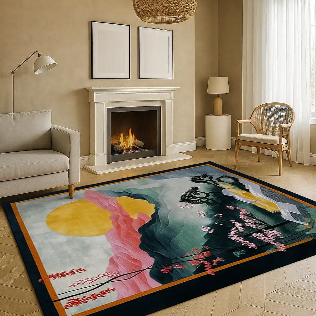 A beautifully designed area rug in a formal dining room setting, featuring a vibrant floral pattern with mountain and sun motifs. This square area rug, made from quality wool, adds elegance to the room with its colorful abstract design, perfectly complementing the cozy ambiance created by the fireplace and modern furnishings.