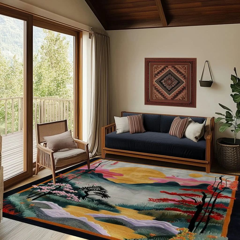 This elegant hand tufted rug, titled 'Mountain Majesty', graces a cozy dining room with its vibrant floral design. The square area rug, crafted from premium wool, showcases a stunning landscape with colorful mountains and trees, perfect for adding a touch of nature to your dining room decor. Ideal for those seeking a formal dining room rug, this piece combines artistry and functionality, making it an exquisite addition to any home.