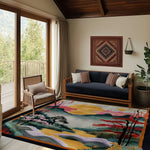 This elegant hand tufted rug, titled 'Mountain Majesty', graces a cozy dining room with its vibrant floral design. The square area rug, crafted from premium wool, showcases a stunning landscape with colorful mountains and trees, perfect for adding a touch of nature to your dining room decor. Ideal for those seeking a formal dining room rug, this piece combines artistry and functionality, making it an exquisite addition to any home.