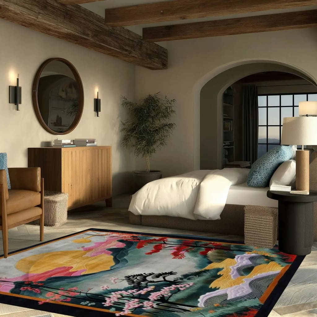 The Mountain Majesty Hand Tufted Rug adds a touch of elegance to a formal dining room setting. This square area rug features a vibrant floral design in rich colors, perfect for enhancing dining room decor. Crafted from luxurious wool, this rug blends beautifully with the surrounding furniture and decor, making it an ideal choice for a cozy and stylish atmosphere.