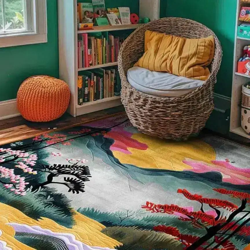 A vibrant Mountain Majesty Hand Tufted Rug displayed in a cozy reading nook, showcasing its intricate floral design in a dining room setting. This square area rug, made of high-quality wool, features an array of colorful patterns, making it a perfect addition to formal dining room decor.