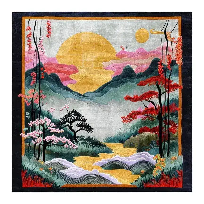 Beautifully hand-tufted Mountain Majesty area rug featuring a stunning landscape with a golden sun, vibrant trees, and flowing river, perfect for a dining room. This wool square area rug combines floral and natural elements, making it an elegant choice for formal dining room settings.