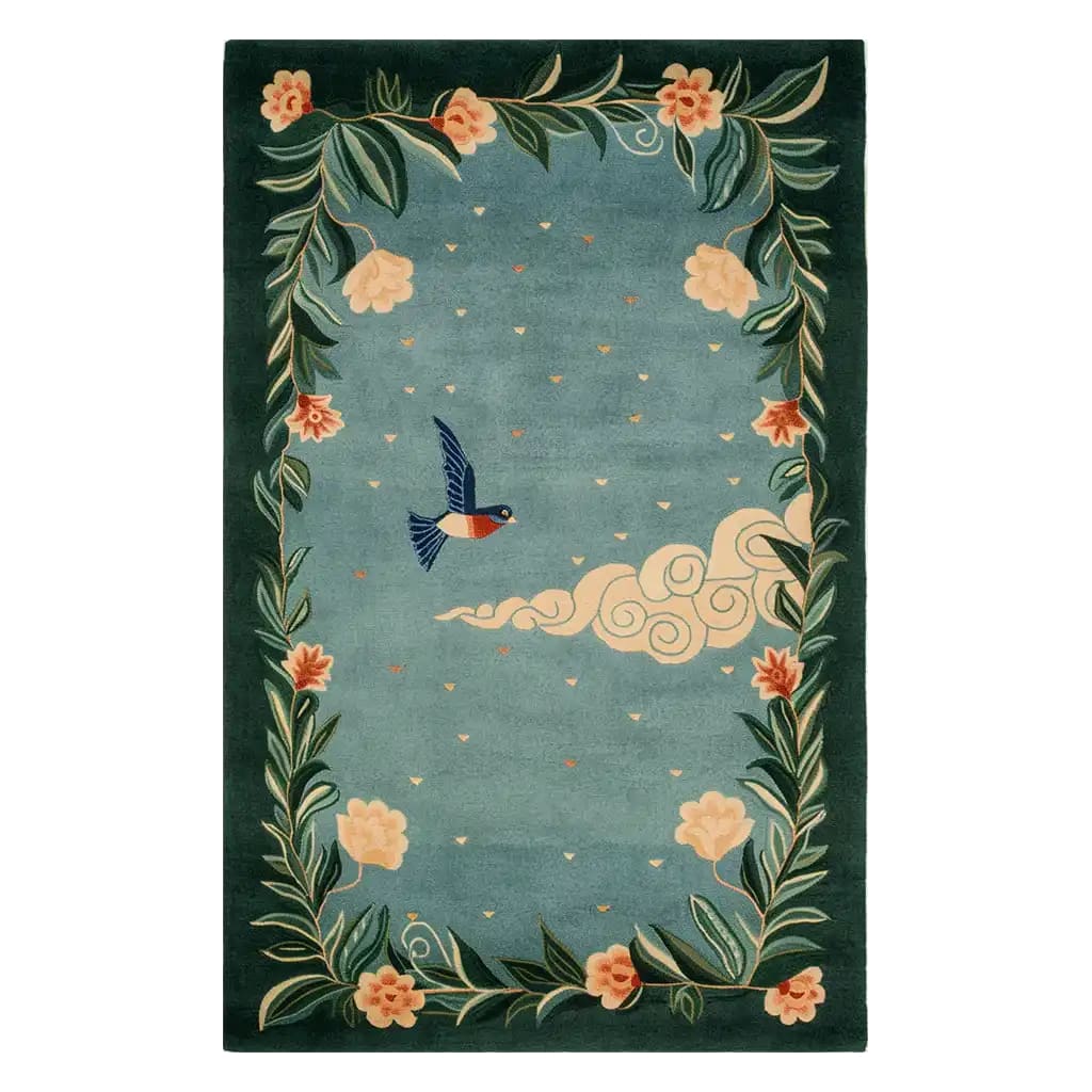 A beautiful area rug featuring a hand-tufted wool design, perfect for large living rooms. This floral rug showcases intricate patterns with a central motif of a bird in flight surrounded by lush foliage and delicate flowers. Ideal as an area rug for living room spaces, it combines elegance with the durability of a wool rug.