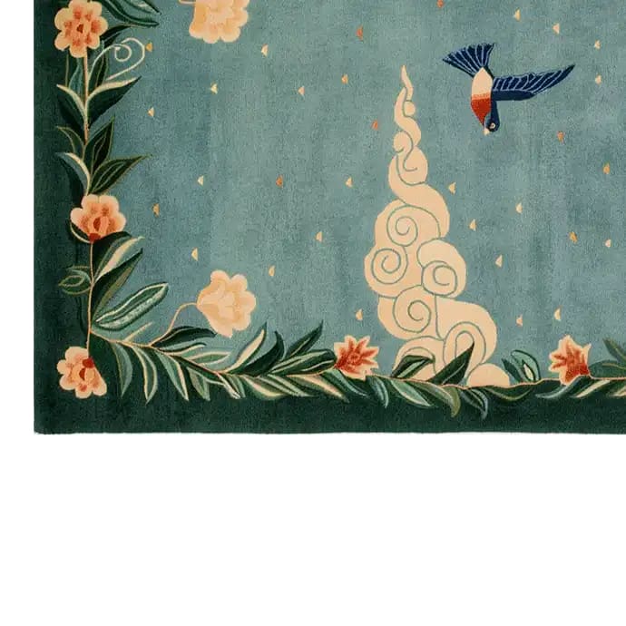 Beautiful area rug featuring a hand-tufted wool design with intricate floral patterns and a bird motif. The Mountain Melody rug showcases elegant details and vibrant colors, perfect for large living room spaces. Ideal as a floral rug, wool rug, and a standout piece among area rugs for living room decor.