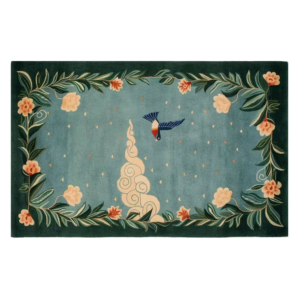 A beautifully designed Mountain Melody Hand Tufted Wool Rug featuring a vibrant floral pattern with lush green leaves and delicate flowers surrounding a whimsical bird motif. This large area rug is perfect for adding a touch of nature to your living room, crafted from high-quality wool for durability and comfort.
