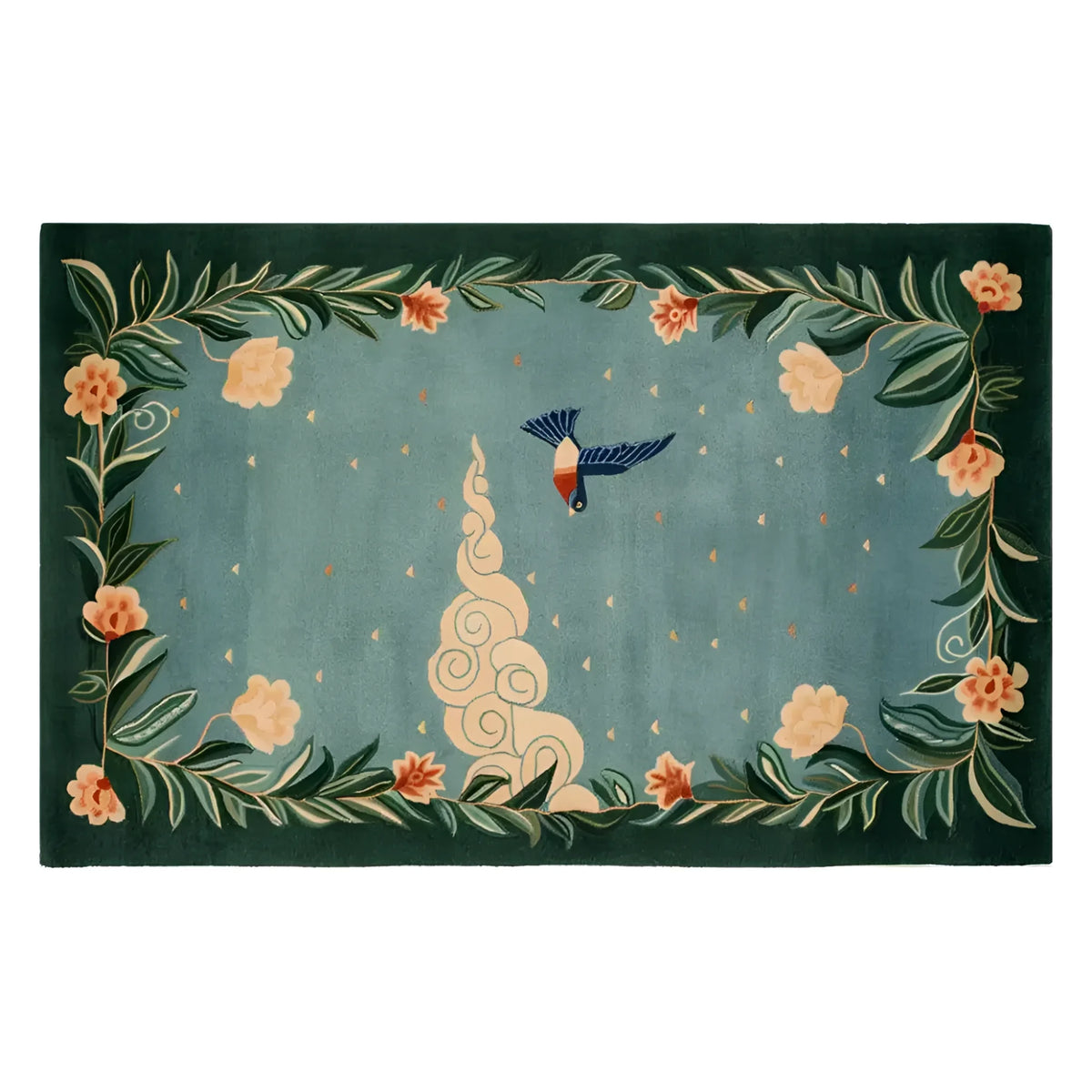 A beautifully designed Mountain Melody Hand Tufted Wool Rug featuring a vibrant floral pattern with lush green leaves and delicate flowers surrounding a whimsical bird motif. This large area rug is perfect for adding a touch of nature to your living room, crafted from high-quality wool for durability and comfort.