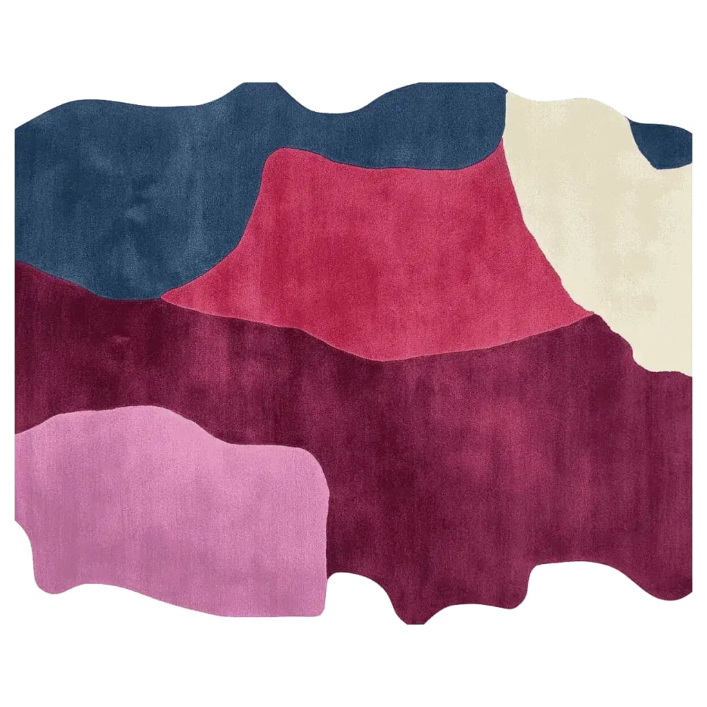 A vibrant and colorful area rug featuring an abstract design with bold patches of red, pink, blue, and cream. This contemporary wool rug is perfect for adding a splash of color to large living room spaces.