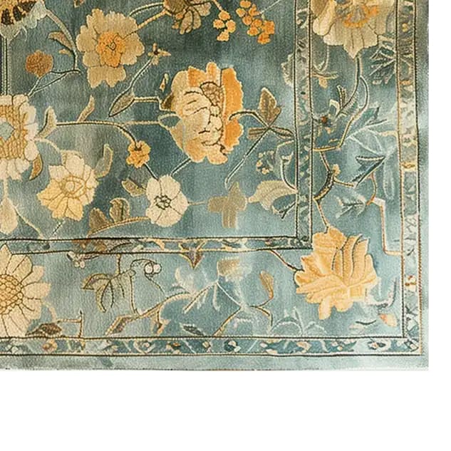 A close-up view of the Mughal Dreamscape Hand Tufted Wool Rug, featuring exquisite floral patterns in soft hues on a plush blue background. Ideal as an area rug, this wool rug adds elegance to any living room setting, particularly in an 8x10 size.