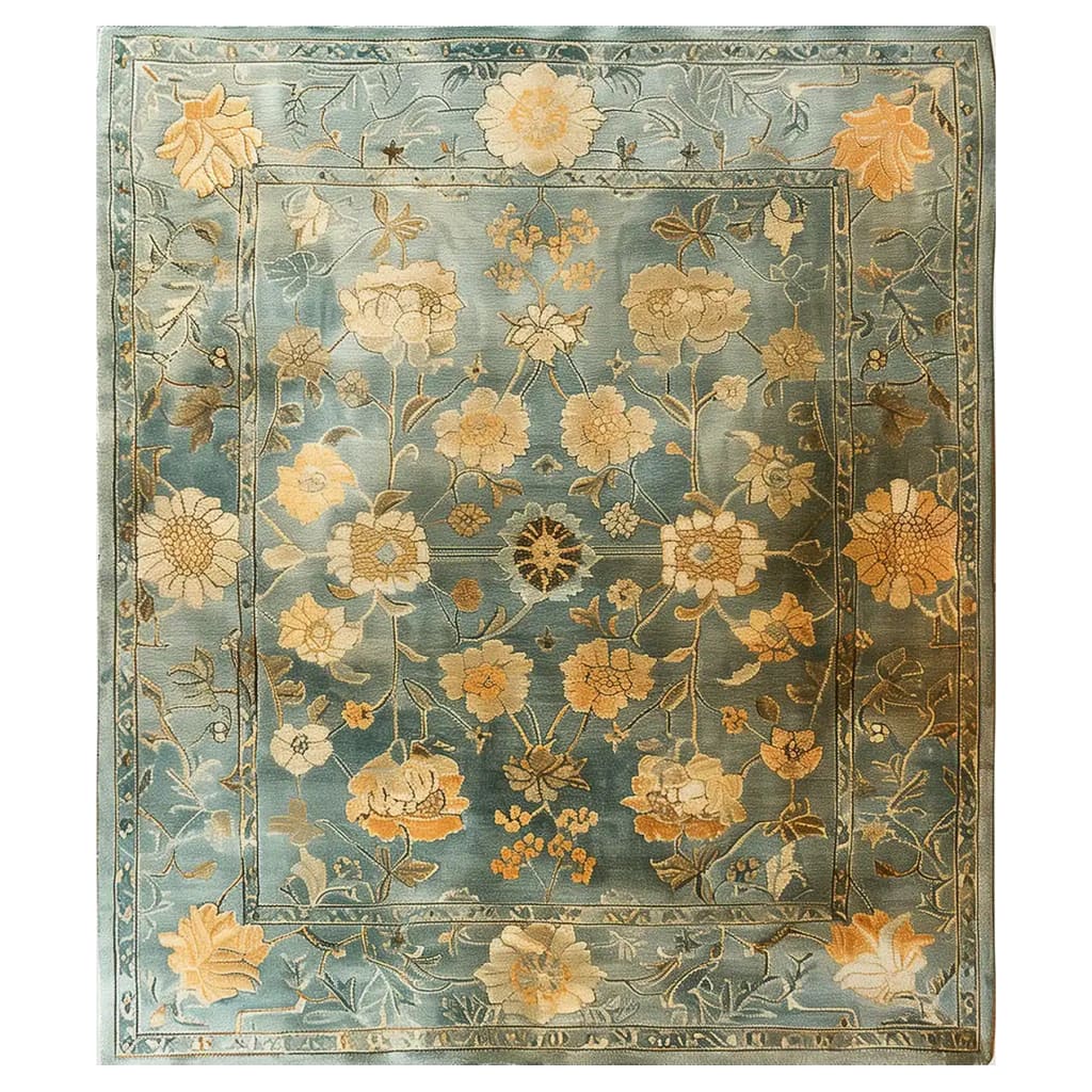 Beautiful Mughal Dreamscape Hand Tufted Wool Rug featuring intricate floral patterns on a soft blue background, perfect as an 8x10 area rug for living room decor. This elegant wool rug combines traditional artistry with modern design, making it an ideal choice for those seeking stylish area rugs for the living room.