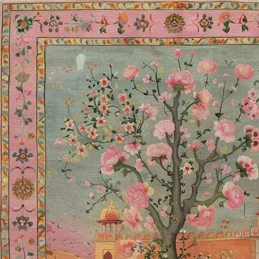 A beautifully intricate Mughal Garden hand-knotted area rug featuring a stunning floral and architectural design. The rug showcases vibrant pink blossoms and a traditional Persian motif, making it a perfect vintage rug for adding elegance to any living room. Ideal for those seeking area rugs for living rooms, this 8x10 rug combines classic Persian aesthetics with modern charm.