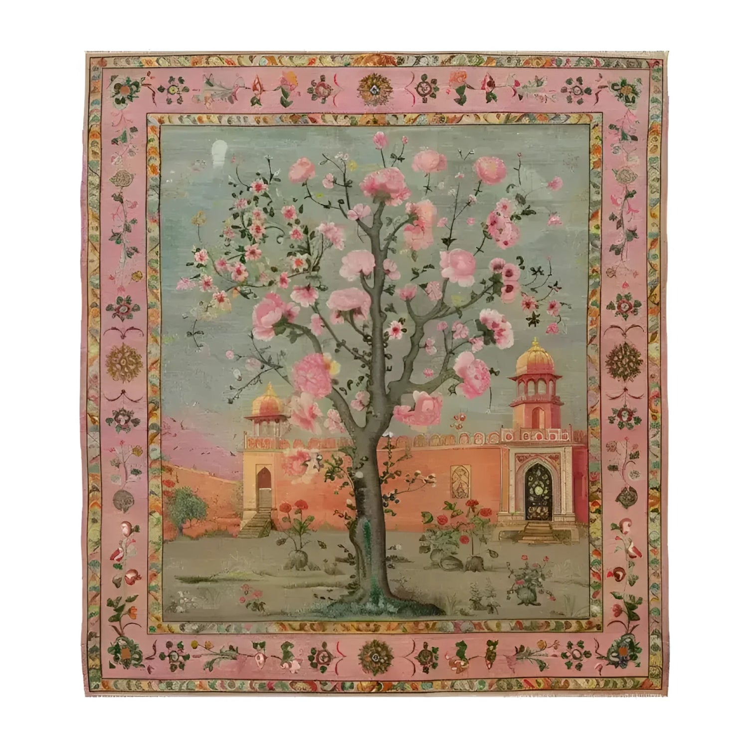 This Mughal Garden Hand Knotted Area Rug showcases an exquisite design, blending vintage charm with a Persian-inspired floral pattern. The rug features a vibrant depiction of a blooming tree set against an ornate architectural backdrop, ideal for adding elegance to any living room. Perfect for those seeking an 8x10 area rug that combines the timeless appeal of Persian rugs with the sophistication of vintage style.