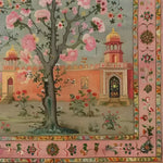 This stunning Mughal Garden Hand Knotted Area Rug beautifully captures a vintage aesthetic with its intricate Persian design. The image showcases a detailed view of the rug featuring a vibrant garden scene, complete with blooming trees and a traditional architectural backdrop. Perfect for adding elegance to any living room, this 8x10 area rug combines artistry with functionality, making it an ideal choice for those seeking unique living room rugs.