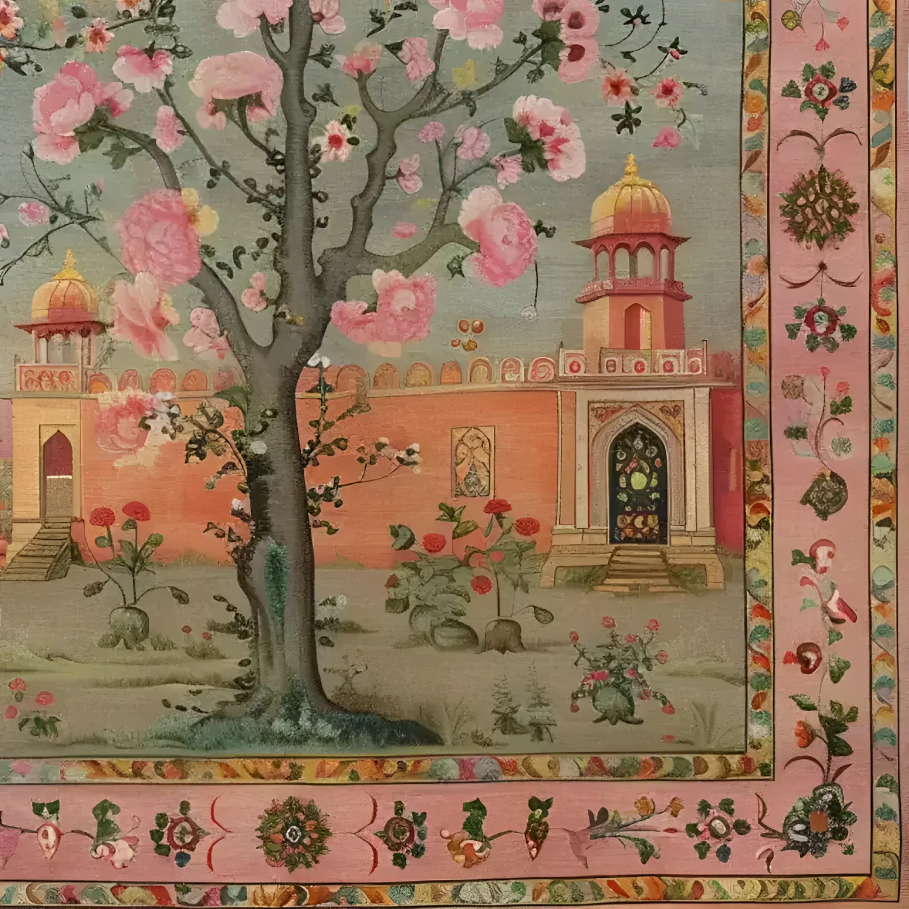 This stunning Mughal Garden Hand Knotted Area Rug beautifully captures a vintage aesthetic with its intricate Persian design. The image showcases a detailed view of the rug featuring a vibrant garden scene, complete with blooming trees and a traditional architectural backdrop. Perfect for adding elegance to any living room, this 8x10 area rug combines artistry with functionality, making it an ideal choice for those seeking unique living room rugs.