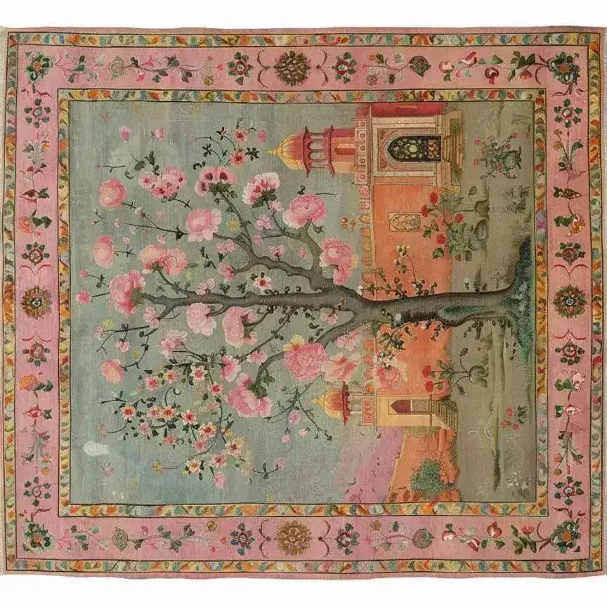 This Mughal Garden Hand Knotted Area Rug features a beautifully intricate design with a prominent tree adorned with pink blossoms, set against a serene landscape backdrop. The vintage rug is perfect for adding elegance to your living space, making it an ideal choice for area rugs for living room settings. Measuring 8x10, this Persian-inspired rug combines traditional artistry with modern flair, enhancing any home decor with its timeless appeal.